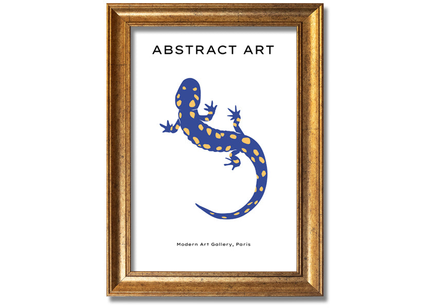 A vibrant framed print of a blue gecko, showcasing intricate details and colors, available in various frame colors.