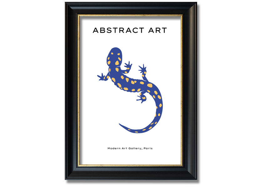 A vibrant framed print of a blue gecko, showcasing intricate details and colors, available in various frame colors.