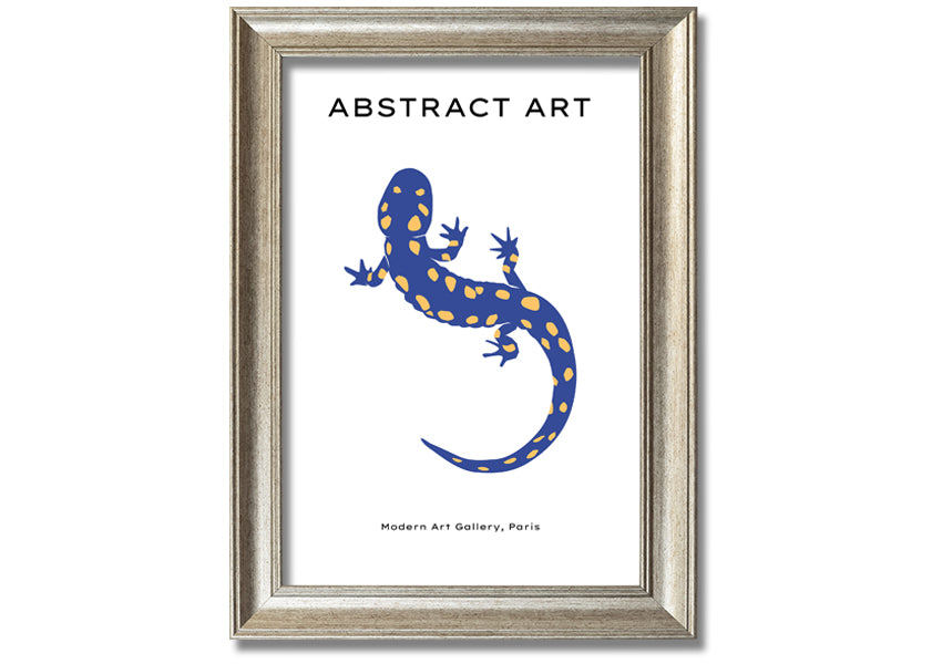 A vibrant framed print of a blue gecko, showcasing intricate details and colors, available in various frame colors.