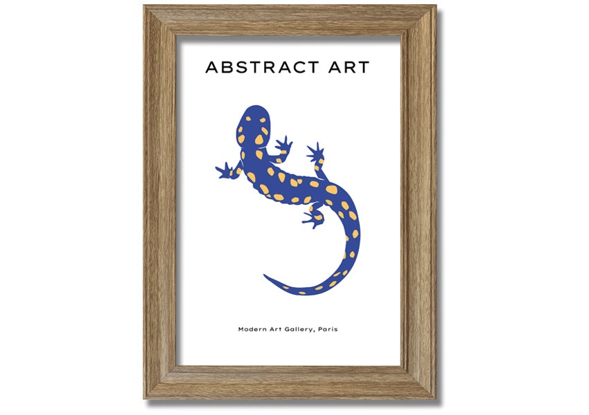 A vibrant framed print of a blue gecko, showcasing intricate details and colors, available in various frame colors.