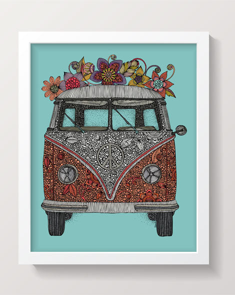 An archival art print titled 'The Blue Van', featuring original pen and ink art with vibrant digital coloring, ready to frame.