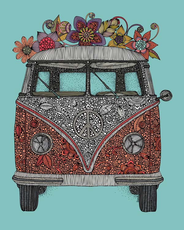 An archival art print titled 'The Blue Van', featuring original pen and ink art with vibrant digital coloring, ready to frame.