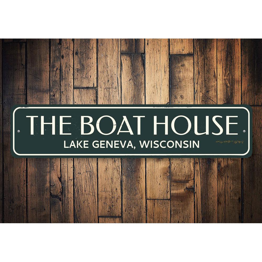 The Boat House Sign made of high-quality aluminum, featuring customizable text and a beautiful lake-themed design, perfect for lakehouses.