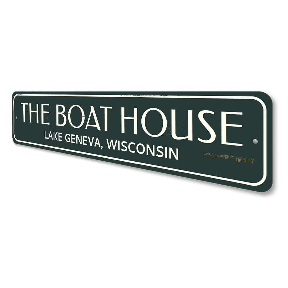 The Boat House Sign made of high-quality aluminum, featuring customizable text and a beautiful lake-themed design, perfect for lakehouses.