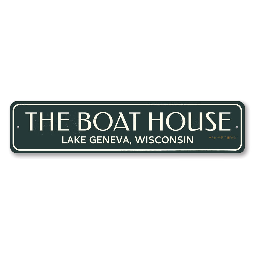 The Boat House Sign made of high-quality aluminum, featuring customizable text and a beautiful lake-themed design, perfect for lakehouses.