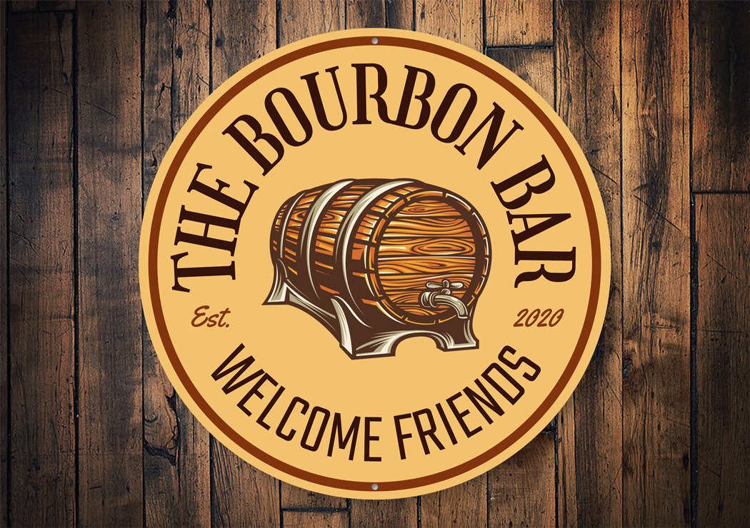 The Bourbon Bar Welcome Sign made of durable aluminum, featuring customizable text and pre-drilled holes for easy mounting.