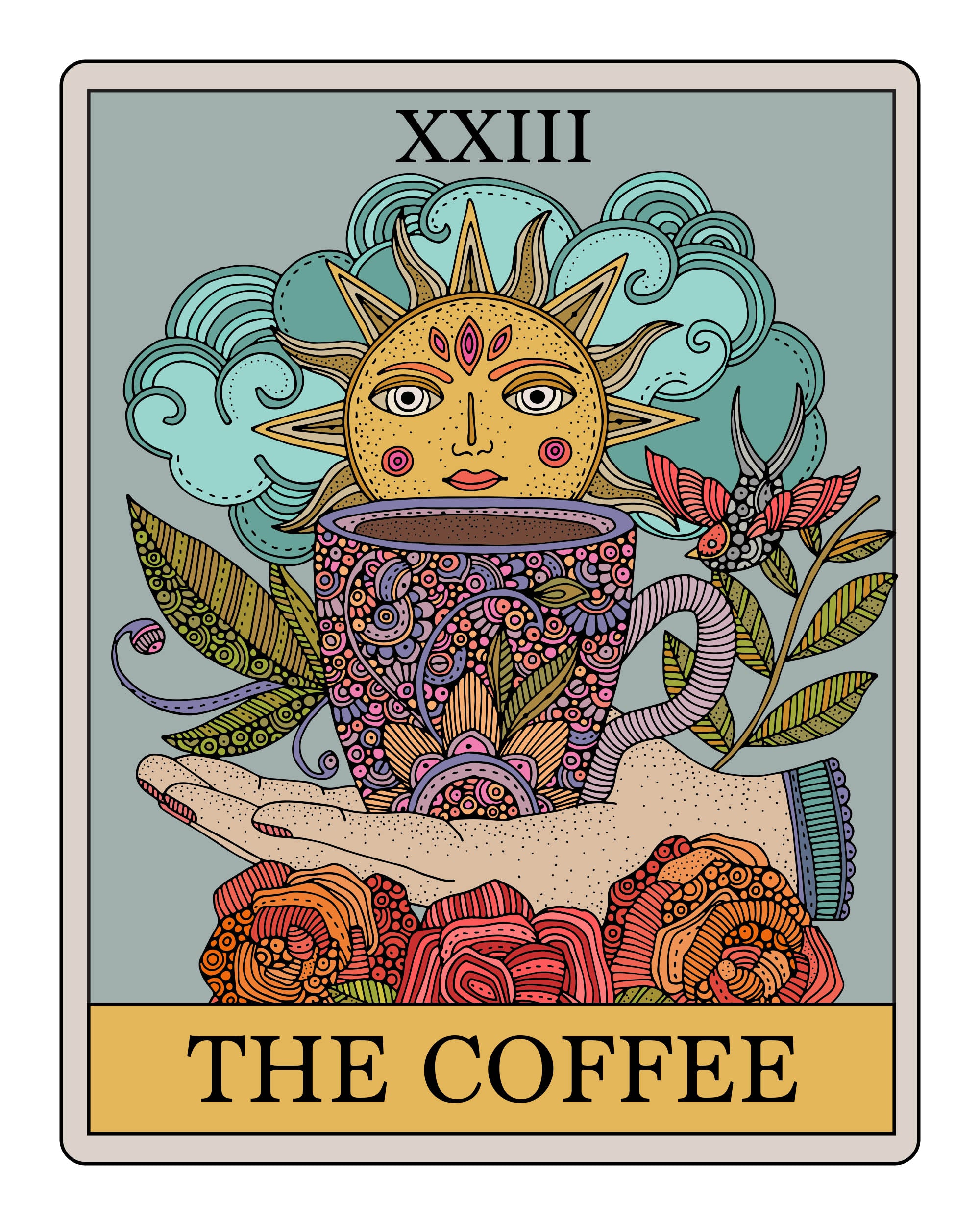 An archival art print titled 'The Coffee - Tarot Style', featuring a hand holding a colorful mug with a sun and clouds, surrounded by flowers and a bird.