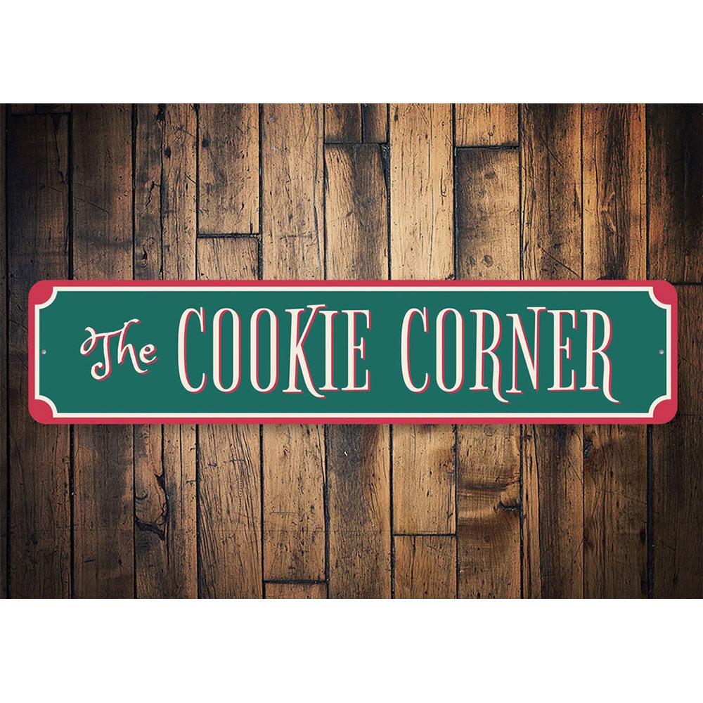 The Cookie Corner Sign featuring festive holiday design, made from high-quality aluminum, perfect for Christmas decorations.