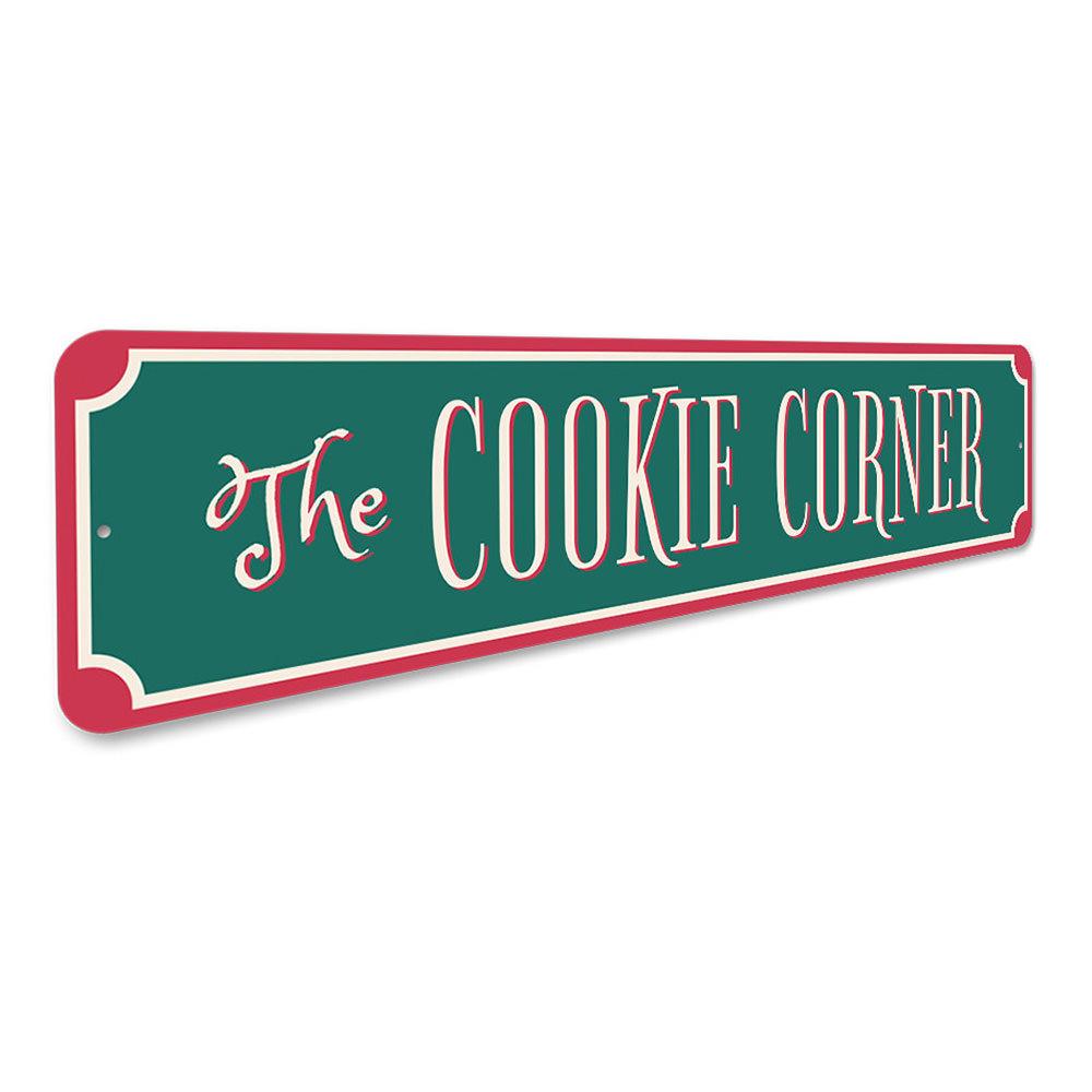 The Cookie Corner Sign featuring festive holiday design, made from high-quality aluminum, perfect for Christmas decorations.