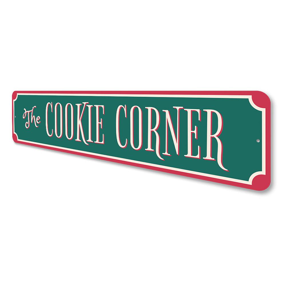 The Cookie Corner Sign featuring festive holiday design, made from high-quality aluminum, perfect for Christmas decorations.