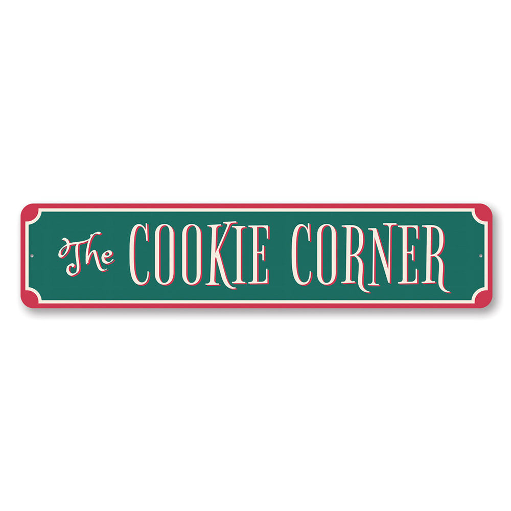 The Cookie Corner Sign featuring festive holiday design, made from high-quality aluminum, perfect for Christmas decorations.