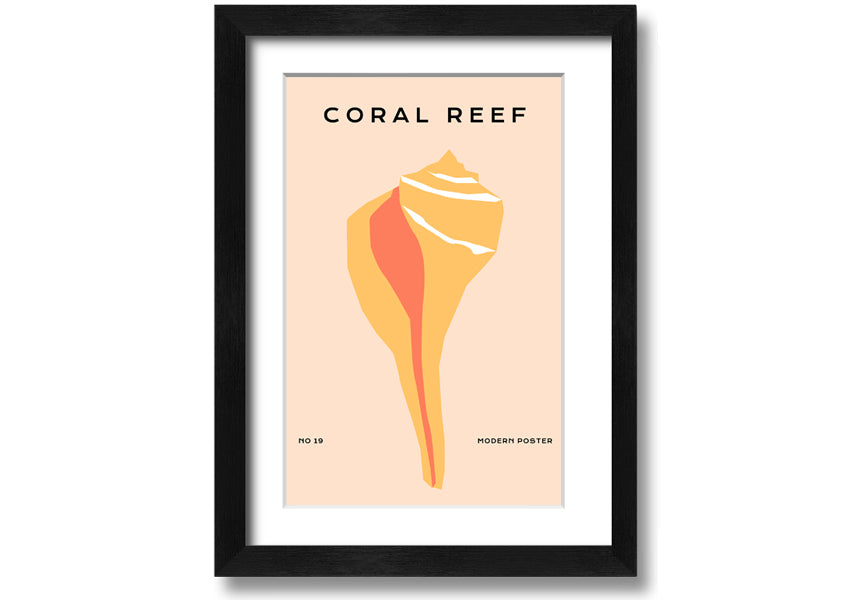 A vibrant framed print of a coral reef, showcasing colorful marine life, available in various frame colors.