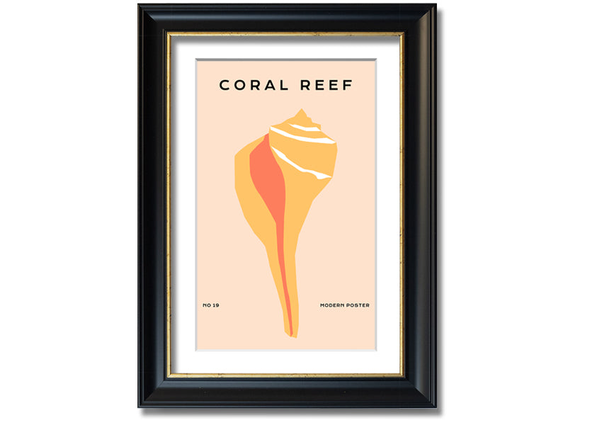 A vibrant framed print of a coral reef, showcasing colorful marine life, available in various frame colors.