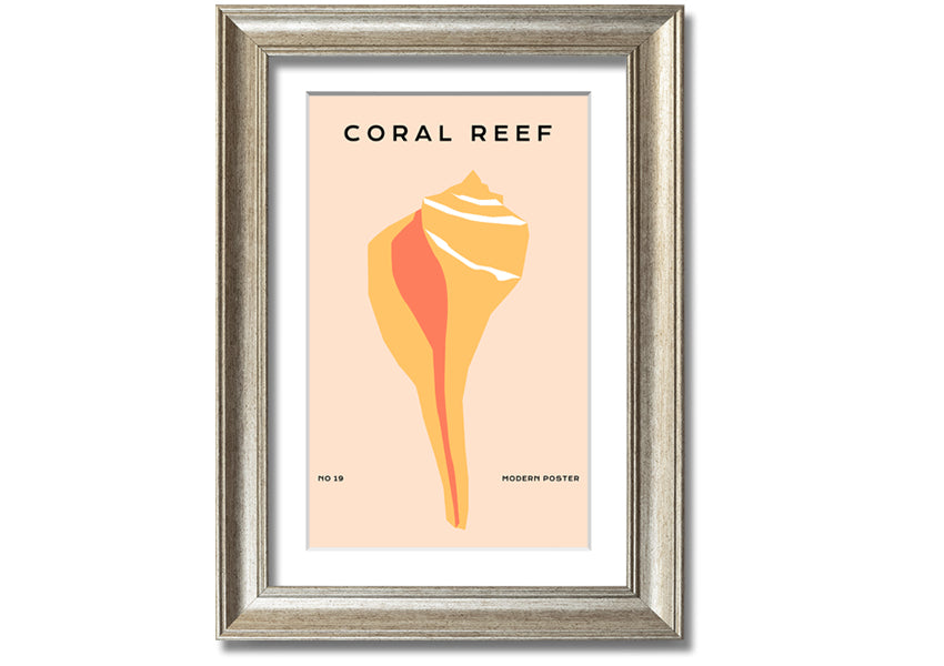 A vibrant framed print of a coral reef, showcasing colorful marine life, available in various frame colors.