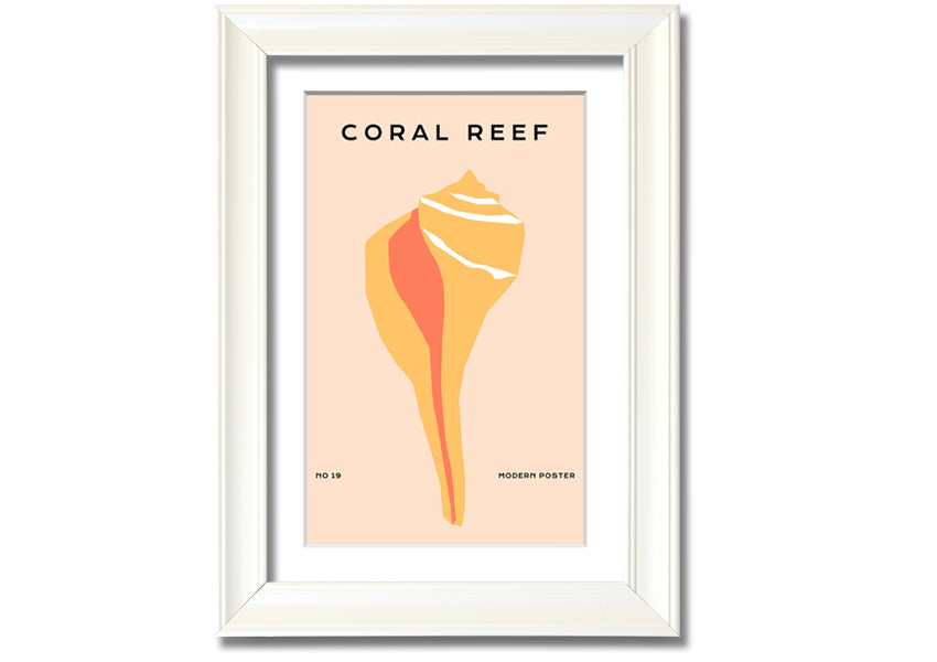 A vibrant framed print of a coral reef, showcasing colorful marine life, available in various frame colors.