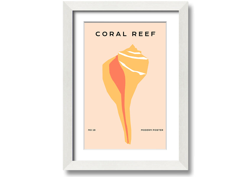 A vibrant framed print of a coral reef, showcasing colorful marine life, available in various frame colors.