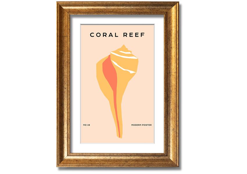 A vibrant framed print of a coral reef, showcasing colorful marine life, available in various frame colors.