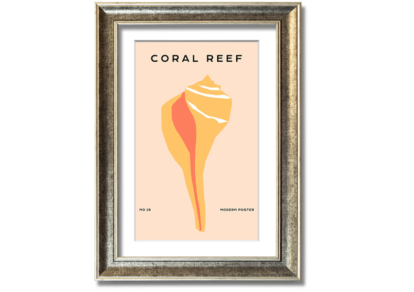 A vibrant framed print of a coral reef, showcasing colorful marine life, available in various frame colors.