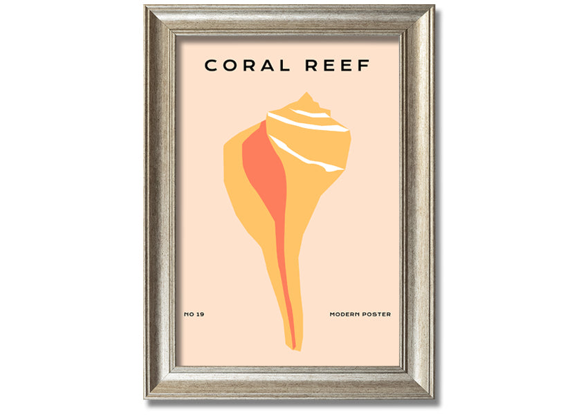 A vibrant framed print of a coral reef, showcasing colorful marine life, available in various frame colors.