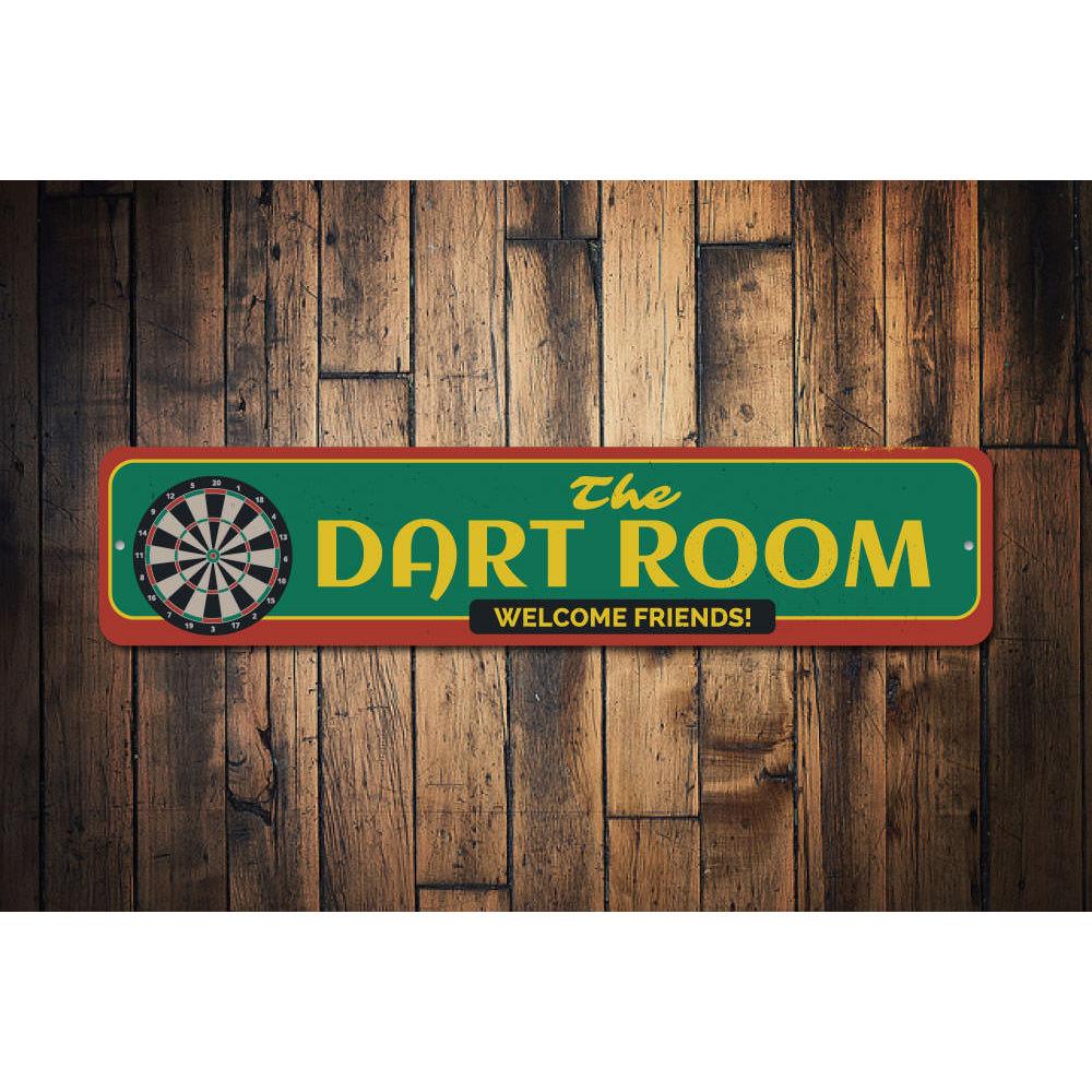 The Dart Room Sign made of high-quality aluminum, featuring customizable text and pre-drilled holes for easy mounting.