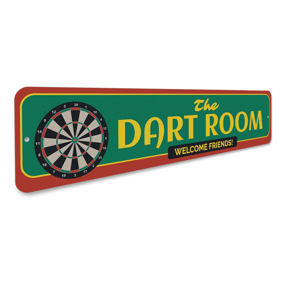 The Dart Room Sign made of high-quality aluminum, featuring customizable text and pre-drilled holes for easy mounting.