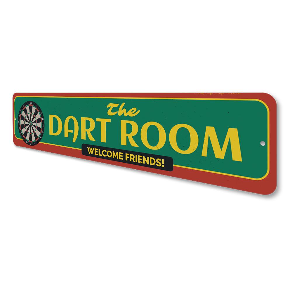 The Dart Room Sign made of high-quality aluminum, featuring customizable text and pre-drilled holes for easy mounting.