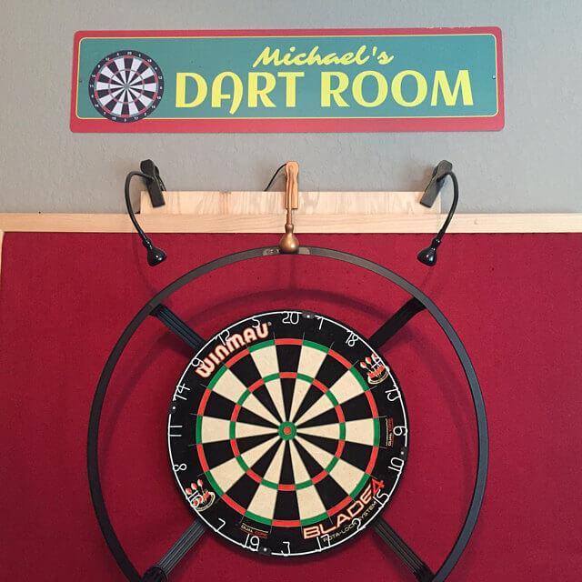 The Dart Room Sign made of high-quality aluminum, featuring customizable text and pre-drilled holes for easy mounting.