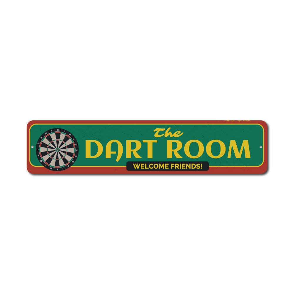 The Dart Room Sign made of high-quality aluminum, featuring customizable text and pre-drilled holes for easy mounting.