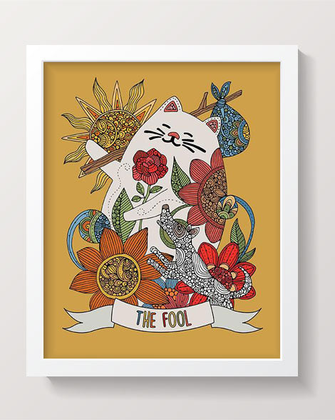 A whimsical print of a cute cat representing The Fool Tarot card, featuring vibrant colors and intricate details on heavy matte card stock.