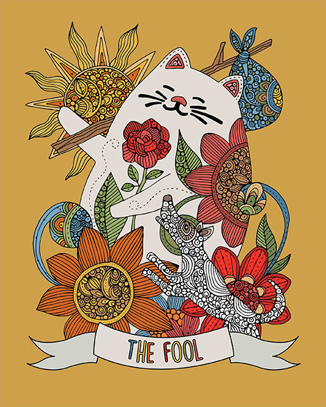 A whimsical print of a cute cat representing The Fool Tarot card, featuring vibrant colors and intricate details on heavy matte card stock.