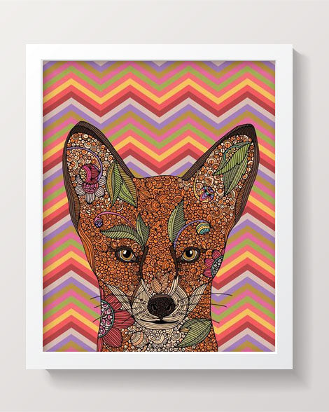 A vibrant 8x10 print of a fox artwork, showcasing intricate details and colors, ready to be framed.