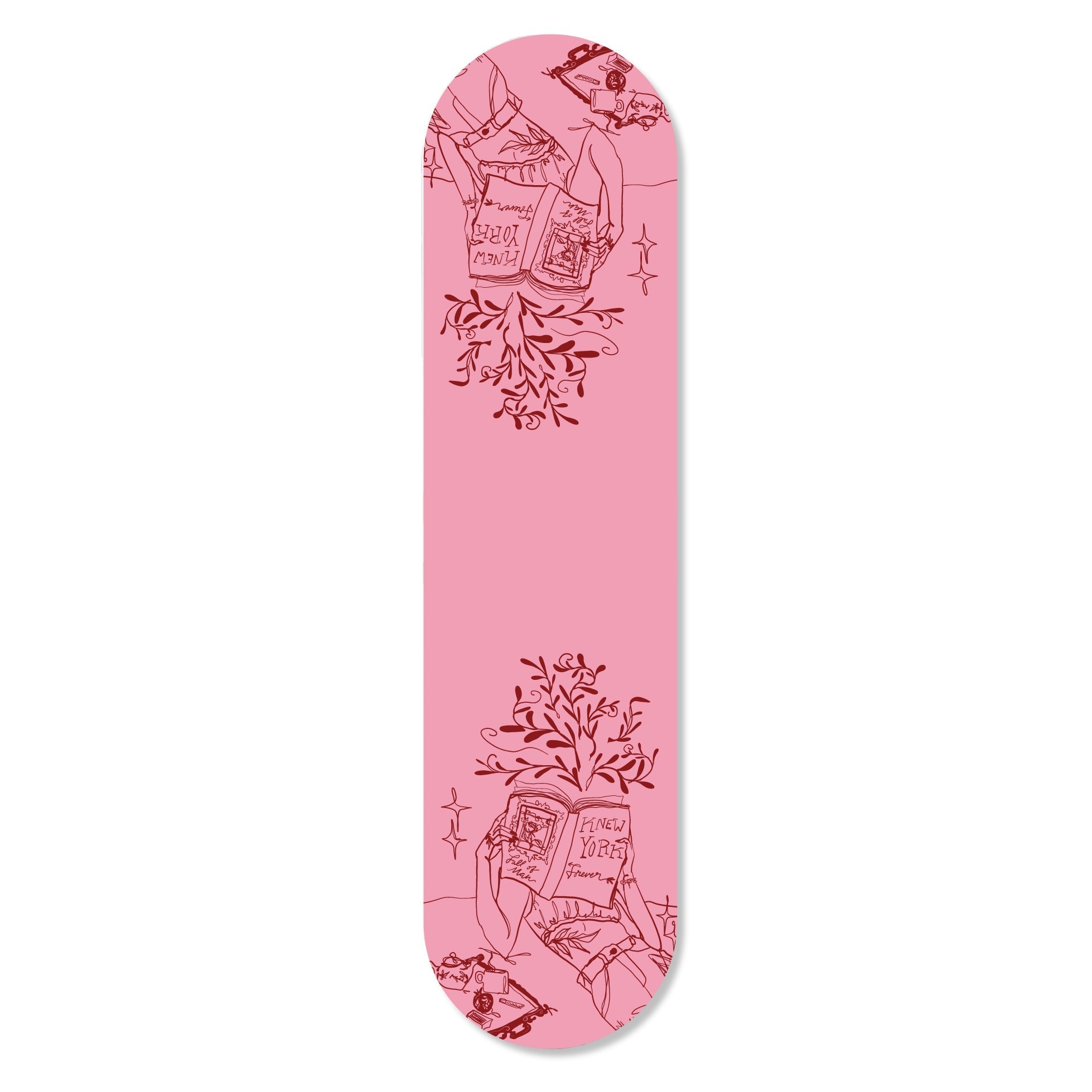 Girl Knew York Chill Flat Skateboard with vibrant graphics, hung on a wall using magnets, showcasing its stylish design.