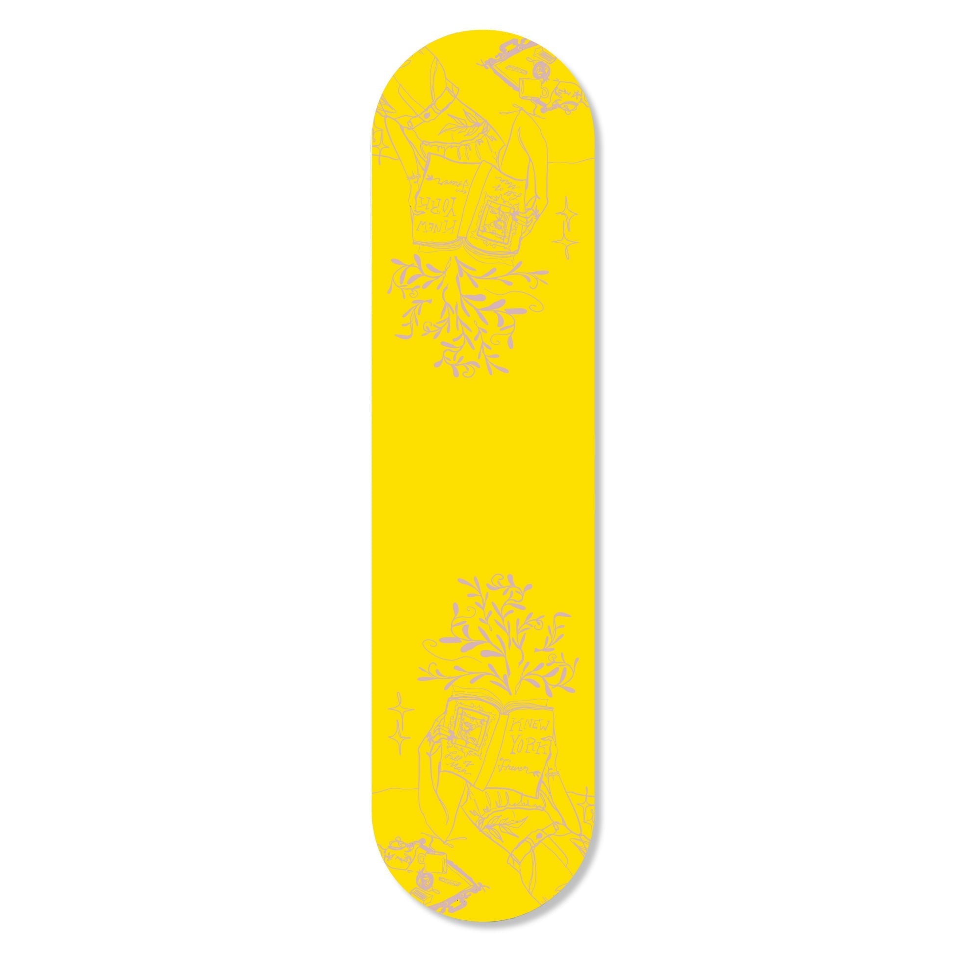 Girl Knew York Chill Flat Skateboard with vibrant graphics, hung on a wall using magnets, showcasing its stylish design.