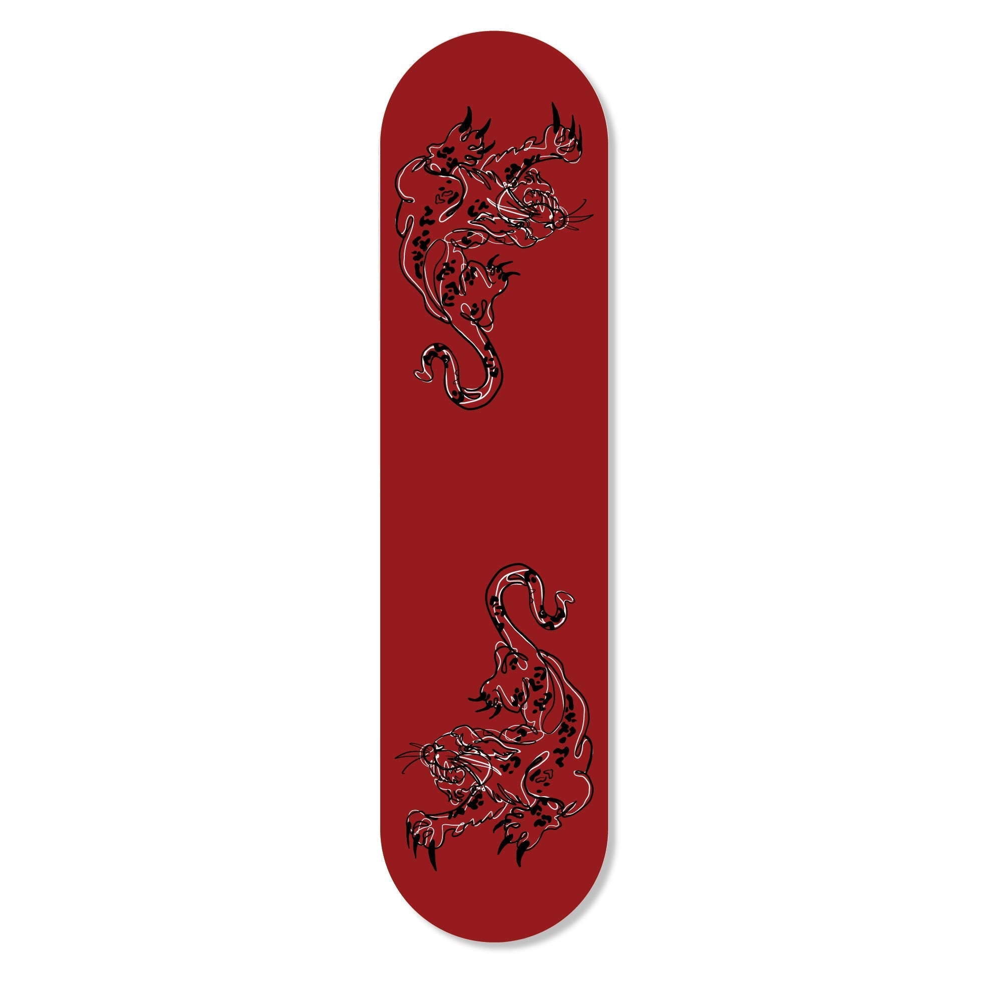 A vibrant Tiger design on a flat skateboard, showcasing its artistic details and magnetic wall hanging feature.