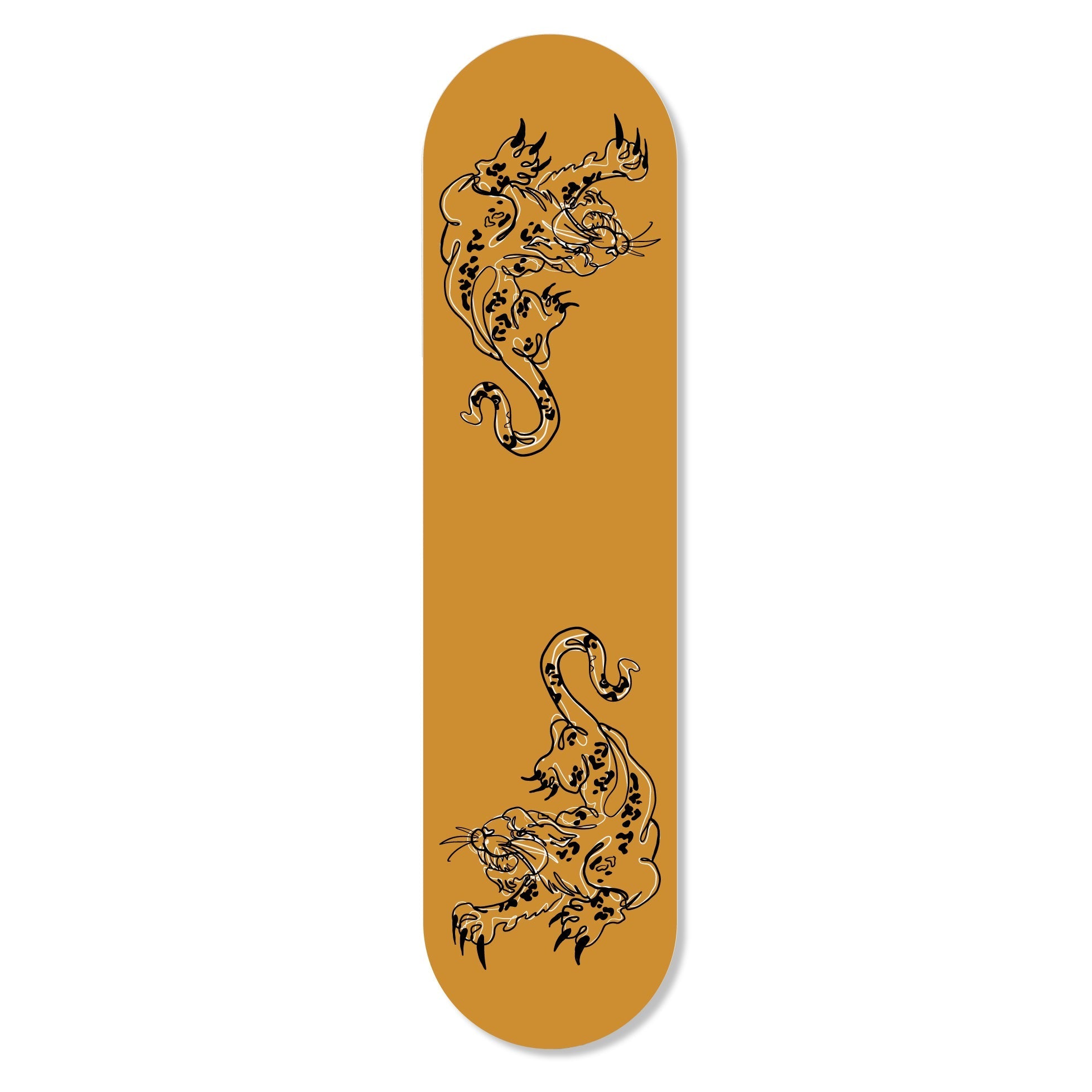 A vibrant Tiger design on a flat skateboard, showcasing its artistic details and magnetic wall hanging feature.