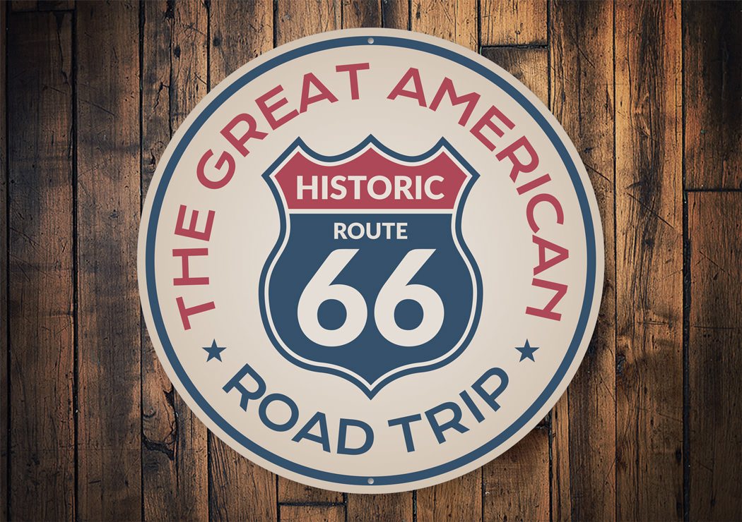 Great American Road Trip Route 66 Sign made of high-quality aluminum, featuring vibrant colors and a nostalgic design, perfect for home decor.