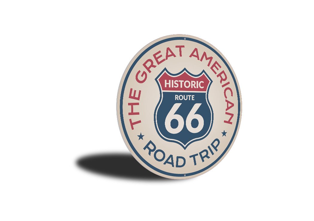 Great American Road Trip Route 66 Sign made of high-quality aluminum, featuring vibrant colors and a nostalgic design, perfect for home decor.