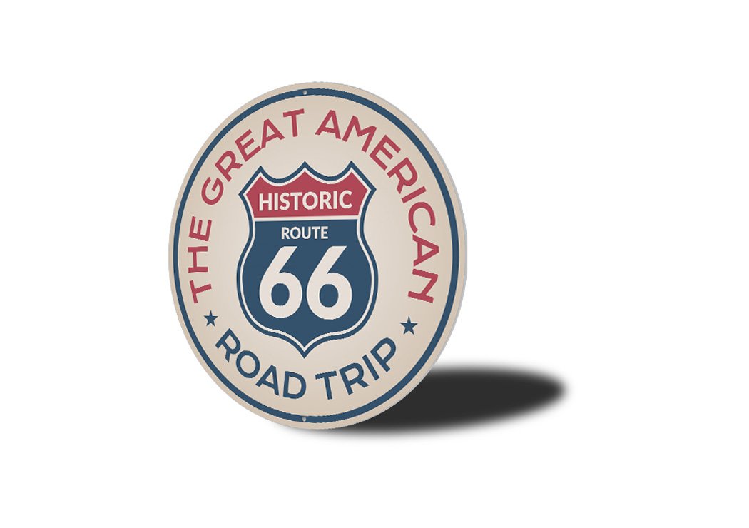 Great American Road Trip Route 66 Sign made of high-quality aluminum, featuring vibrant colors and a nostalgic design, perfect for home decor.