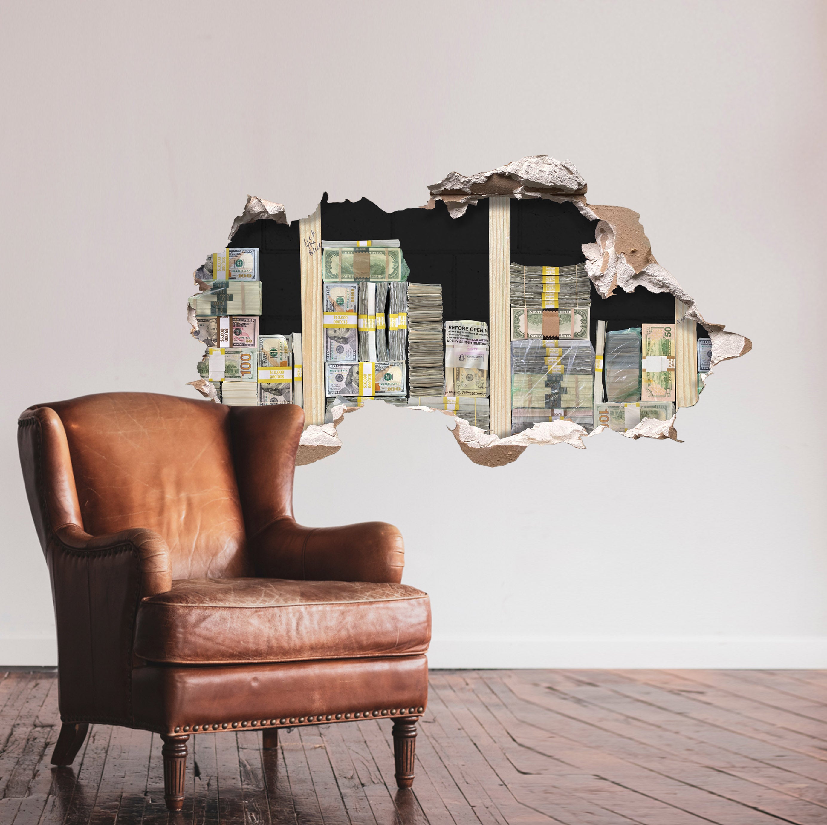 A large wall decal depicting a broken wall with stacks of money spilling out, inspired by the movie Triple Frontier.