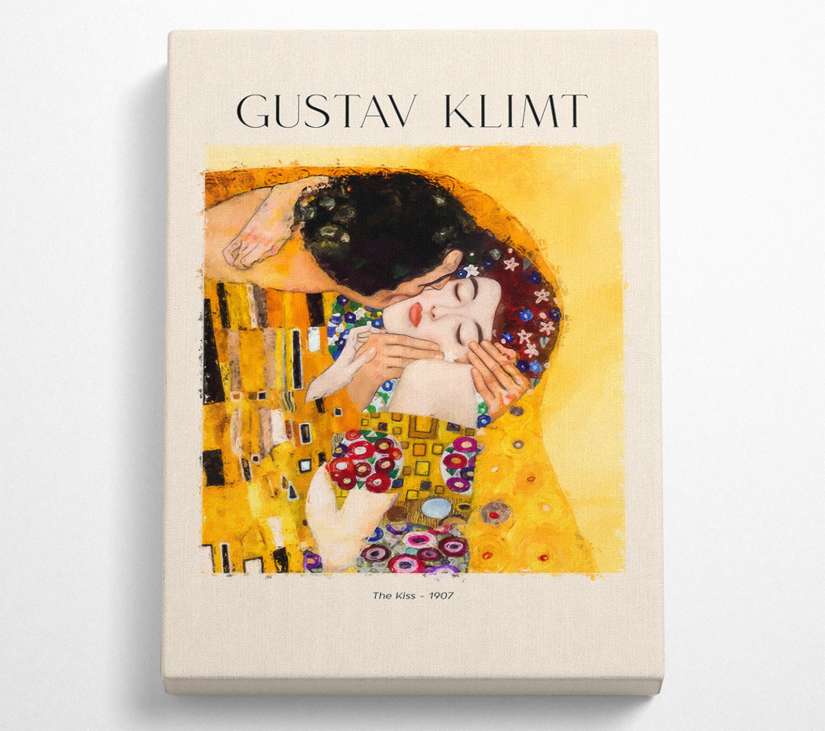 A beautiful canvas print of 'The Kiss' by Gustav Klimt, featuring a couple in a passionate embrace surrounded by golden patterns.