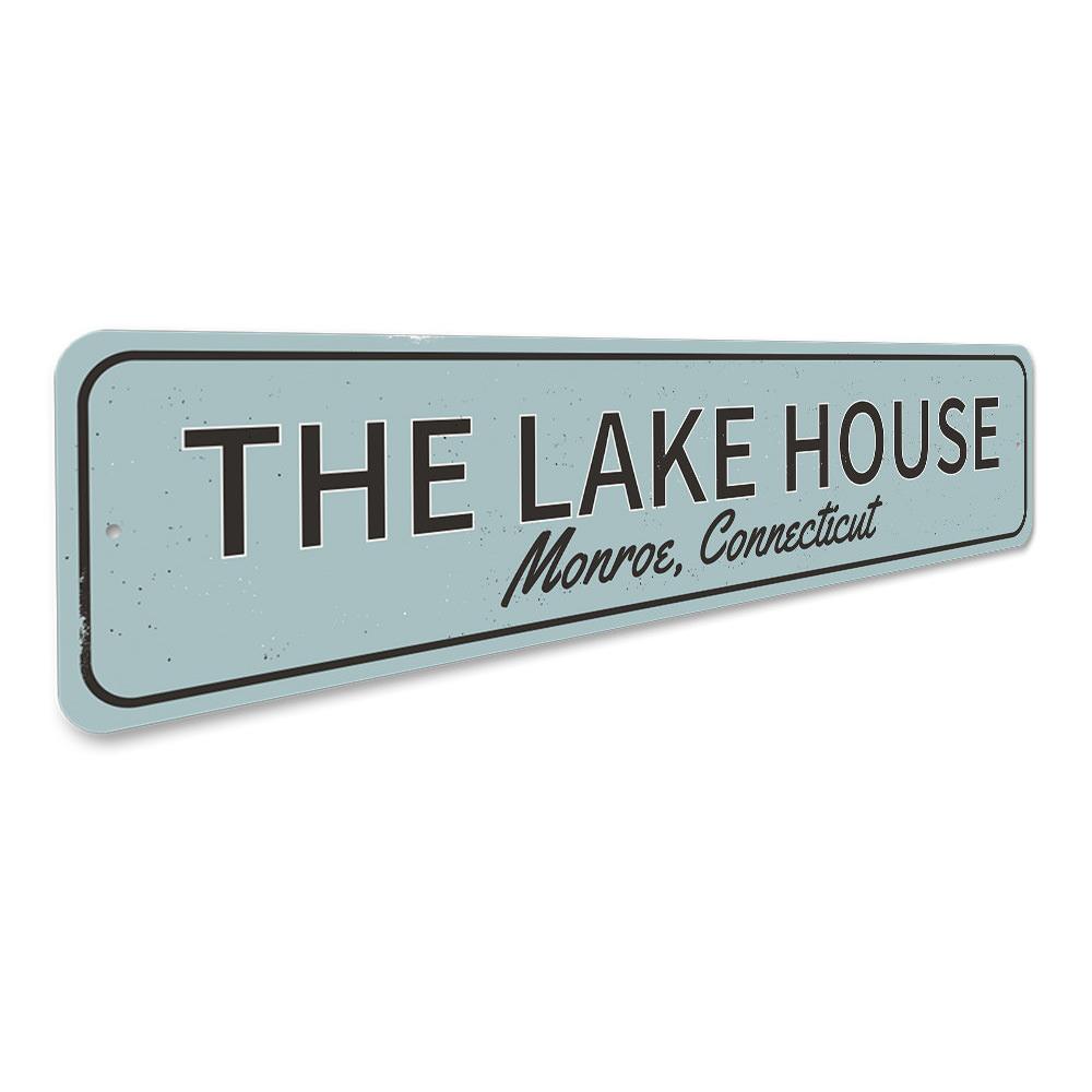 A beautifully crafted Lake House Sign made from high-quality aluminum, featuring customizable text, perfect for lakehouse decor.