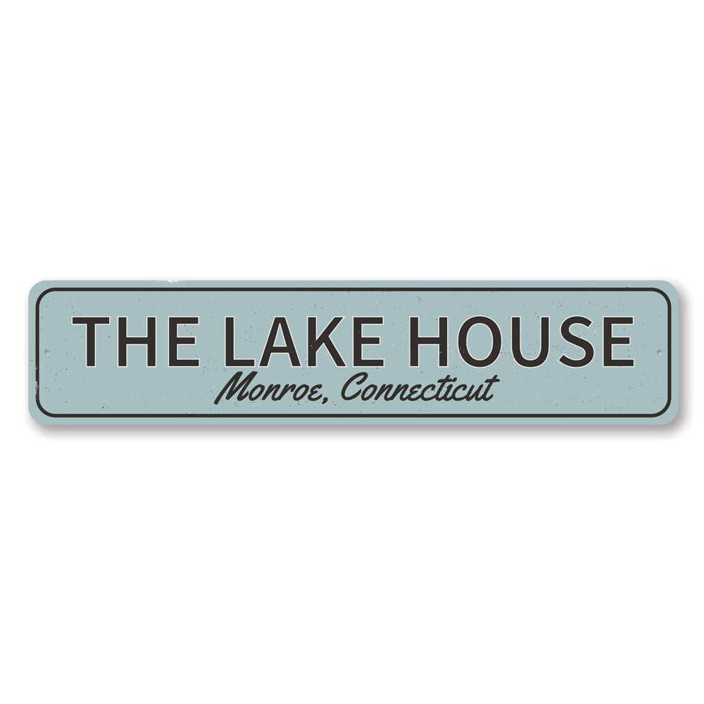 A beautifully crafted Lake House Sign made from high-quality aluminum, featuring customizable text, perfect for lakehouse decor.