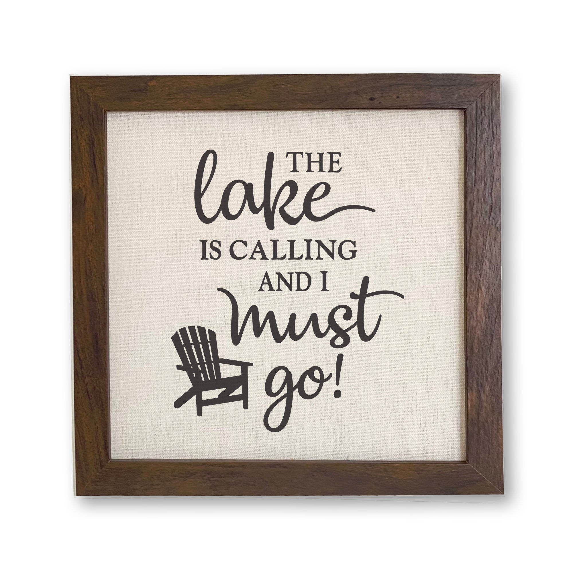 Framed sign featuring 'The Lake is Calling' with a stylish wood frame and linen-look background, perfect for home decor.