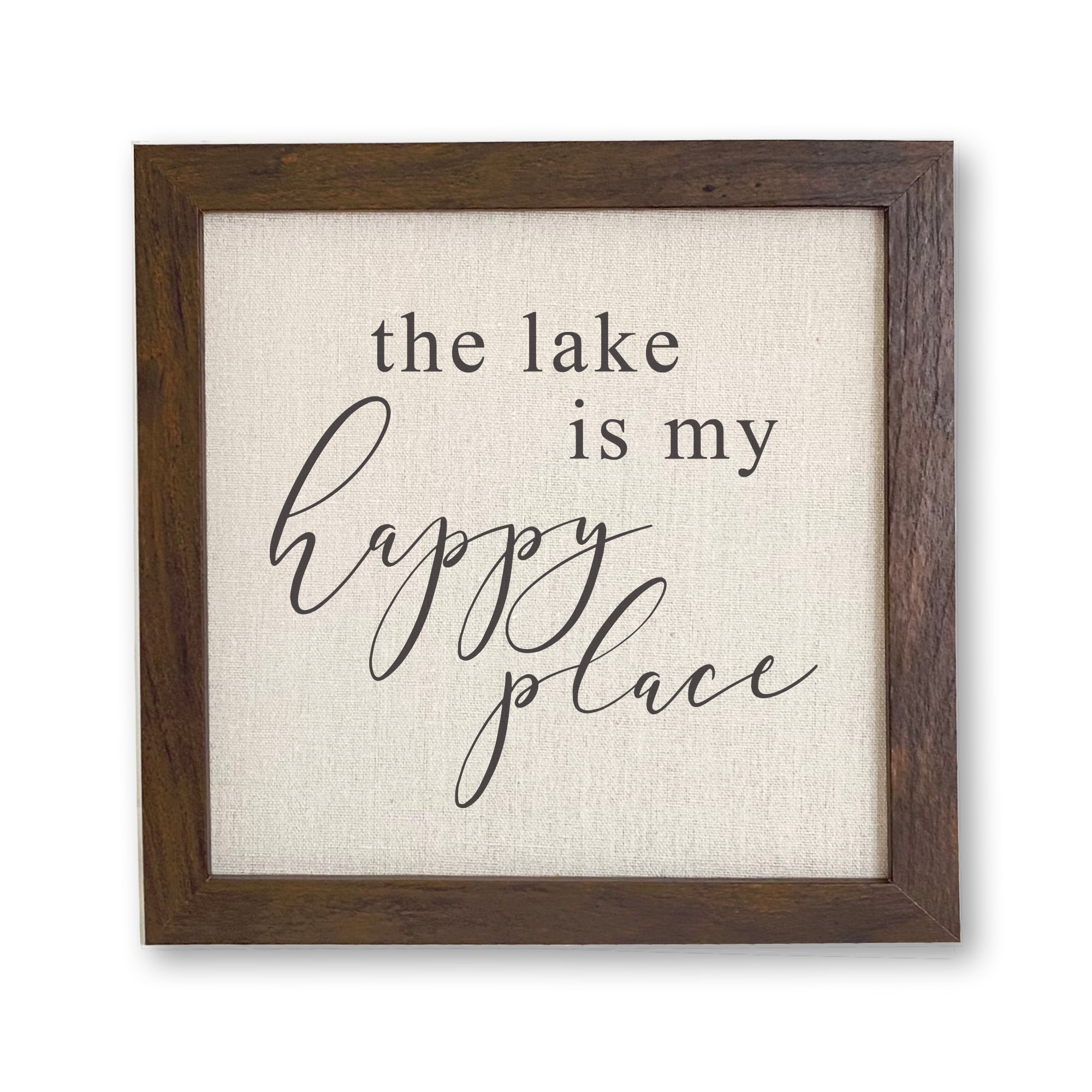 Framed sign reading 'The Lake is My Happy Place' with a stylish wood frame and linen-look background.