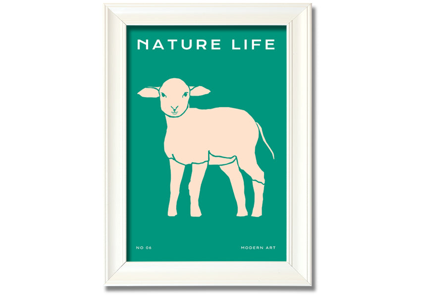 A beautifully framed print of a little lamb, showcasing soft colors and intricate details, ready to hang on the wall.