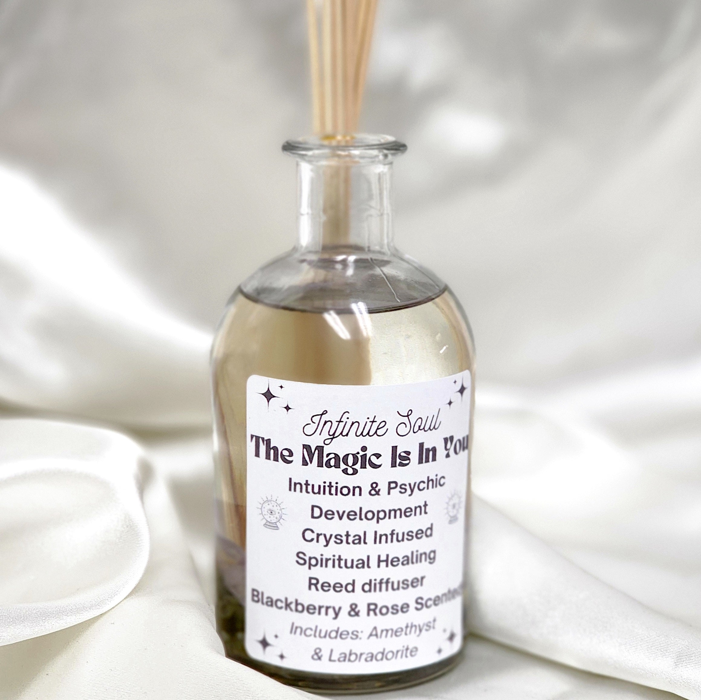 Crystal infused reed diffuser featuring Amethyst and Labradorite, designed for enhancing intuition and psychic abilities.