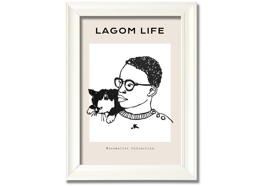 Framed print of a man and cat, handmade in the UK, available in various frame colours.