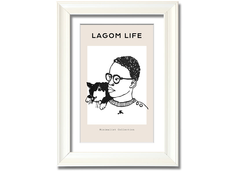 Framed print of a man and cat, handmade in the UK, available in various frame colours.