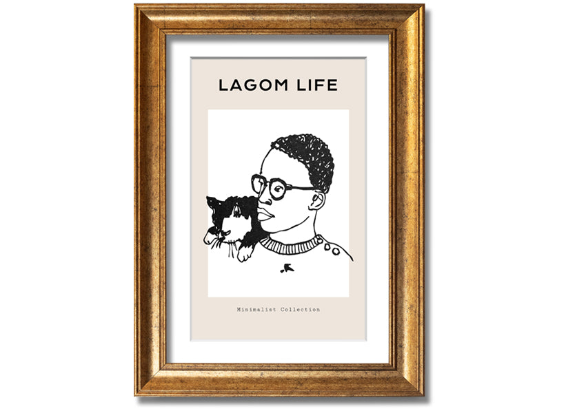 Framed print of a man and cat, handmade in the UK, available in various frame colours.