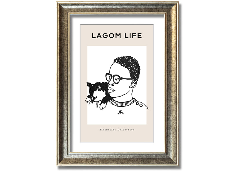 Framed print of a man and cat, handmade in the UK, available in various frame colours.